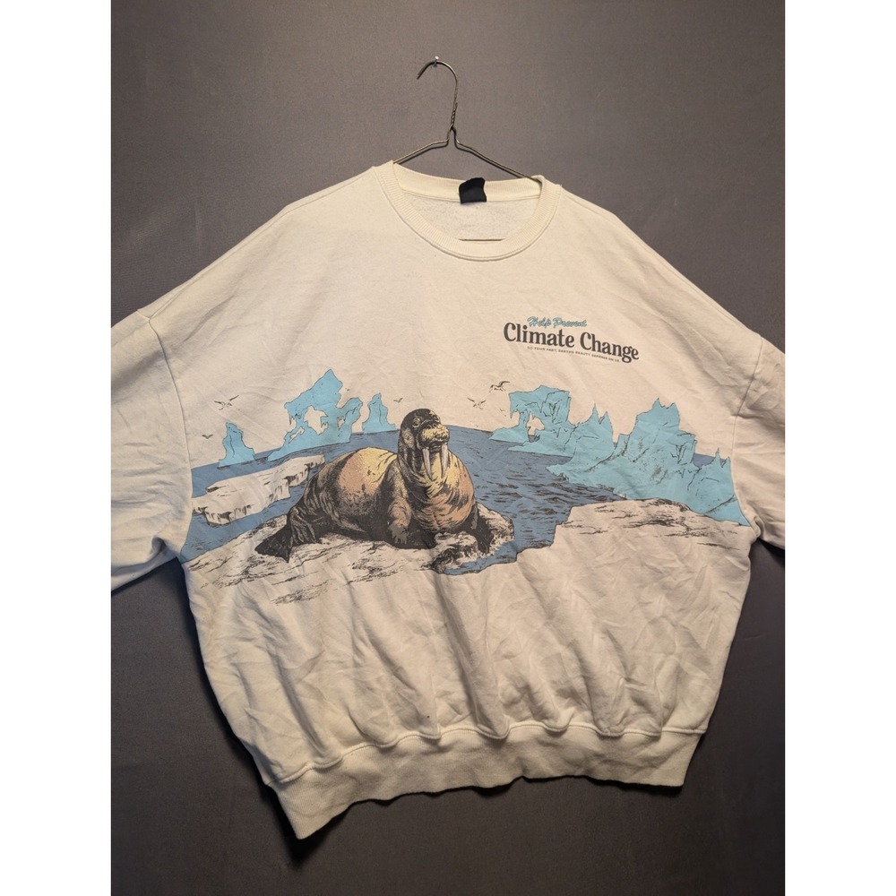 Vtg PacSun Sweatshirt Mens One Size White Climate Change Walrus Sea Ice Graphics